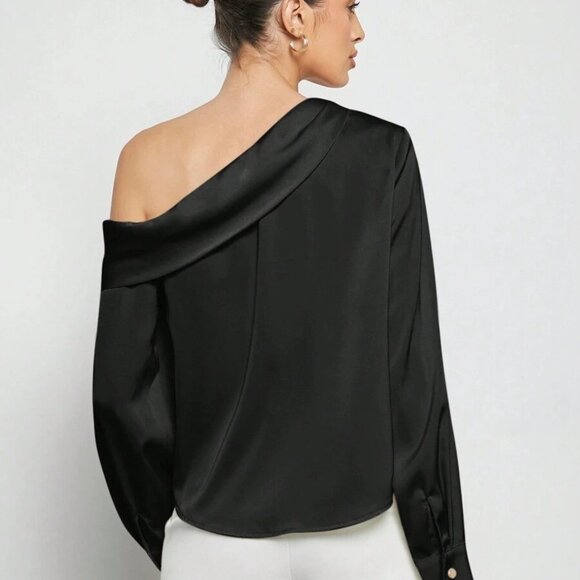 New Women's Asymmetric Design Ruched Shoulder Draped Loose Long Sleeve Satin - Picture 5 of 5